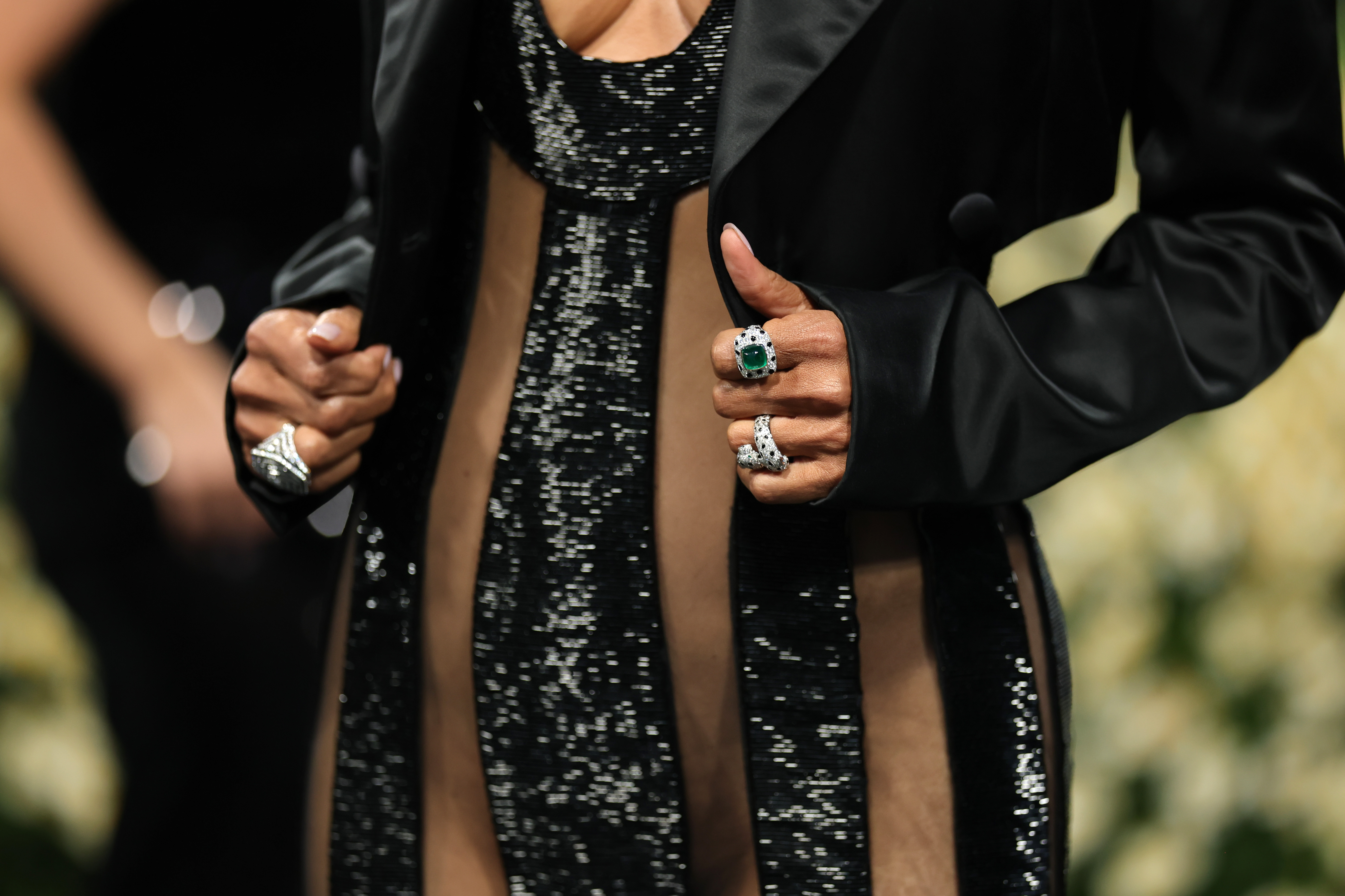 A closeup shot of Halle Berry's jewelry details during her appearance at the Met Gala, dated May 5, 2025, in New York | Source: Getty Images