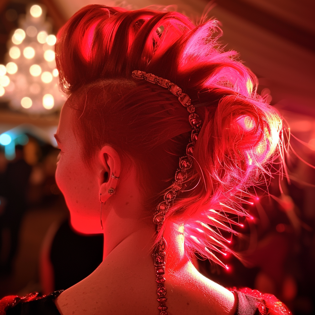 Teen with a bright red fauxhawk hairstyle on prom night | Source: Midjourney