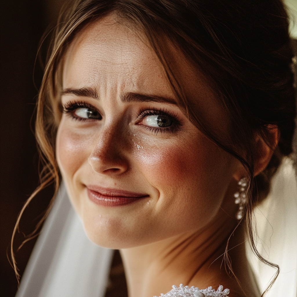 A bride with tears in her eyes | Source: Midjourney