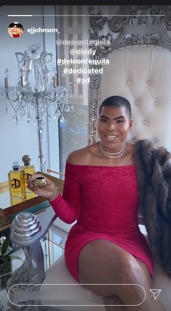EJ Johnson posing while seated in a red dress and taking tequila. | Photo: Instagram/Ejjohnson_