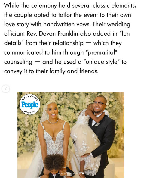 A screenshot of the People Magazine article on LeToya Luckett and Taleo Cole's wedding, posted on August 1, 2024 | Source: Instagram/devonfranklin