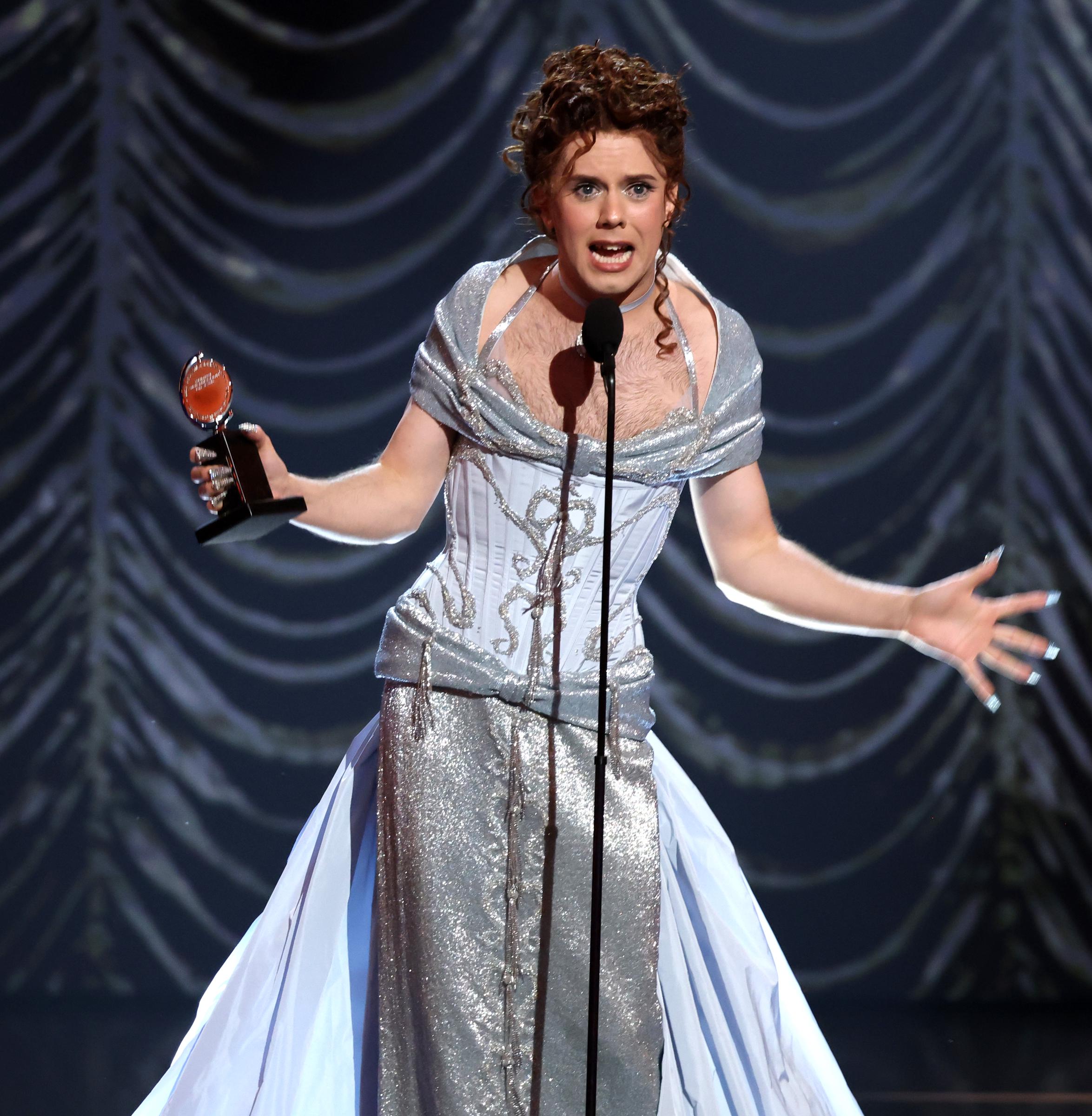 Cole Escola giving a speech as they accept the Best Performance by an Actor in a Leading Role in a Play award for "Oh, Mary!" at the Tony Awards at Radio City Music Hall in New York City on June 8, 2025.