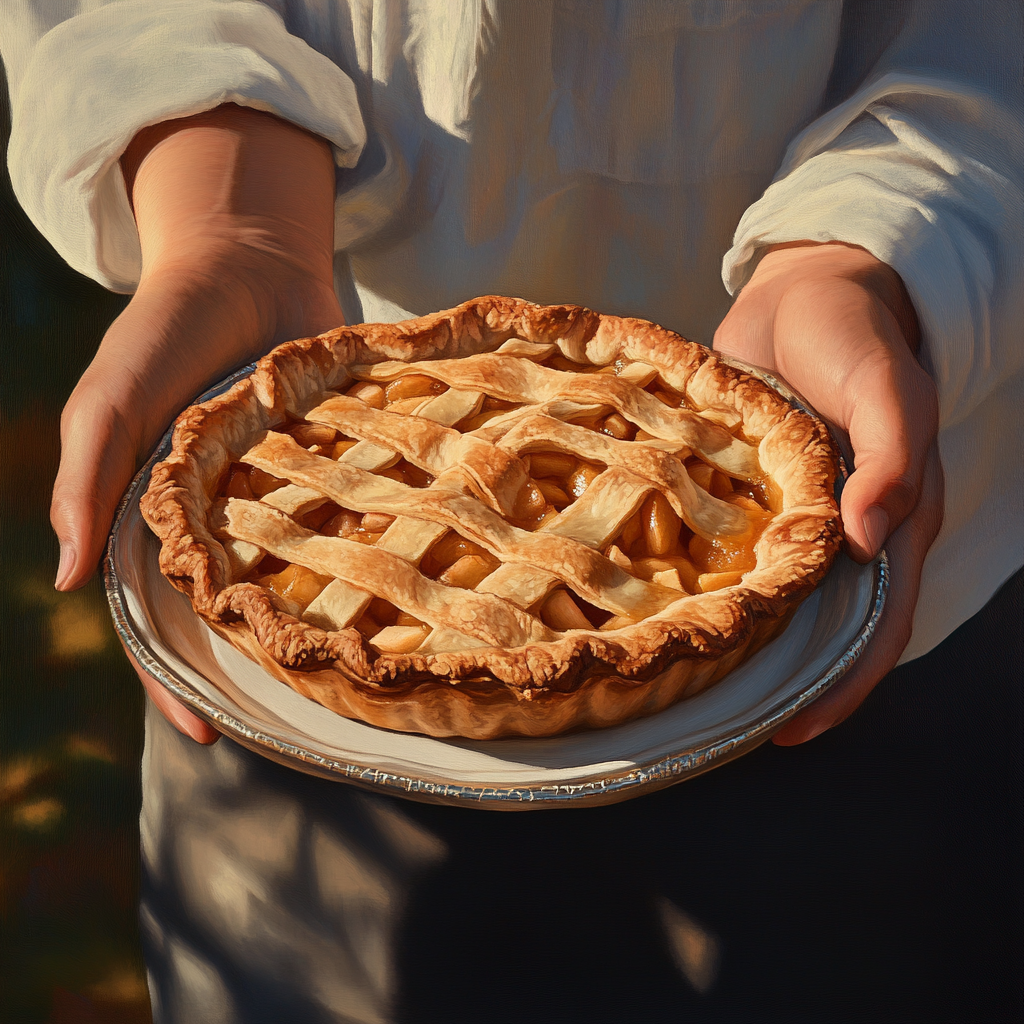 Close-up shot of a teenage boy holding a plate of apple pie | Source: Midjourney