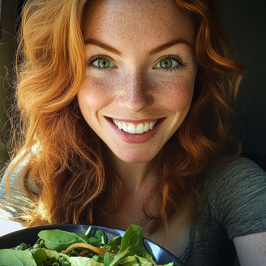 A smiling woman holding a bowl of salad | Source: Midjourney