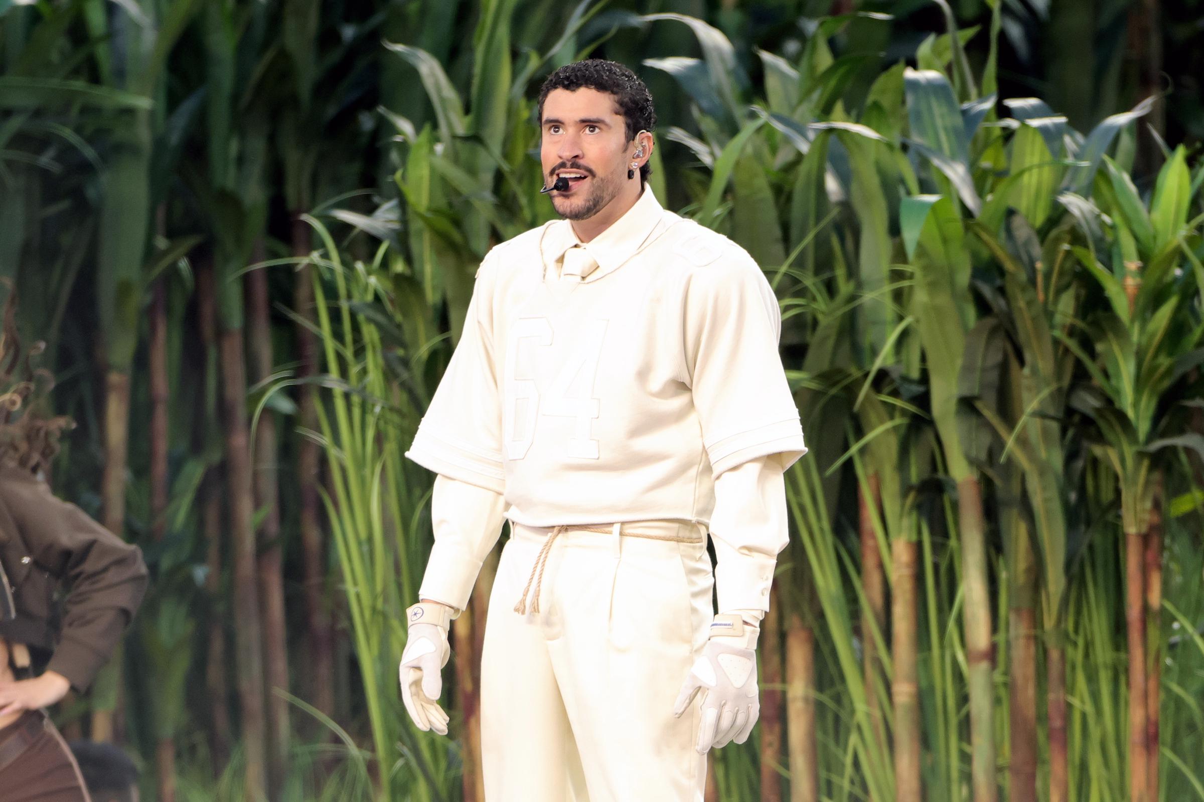 Bad Bunny performing during the Apple Music Super Bowl LX Halftime Show in Santa Clara, California on February 8, 2026. | Source: Getty Images