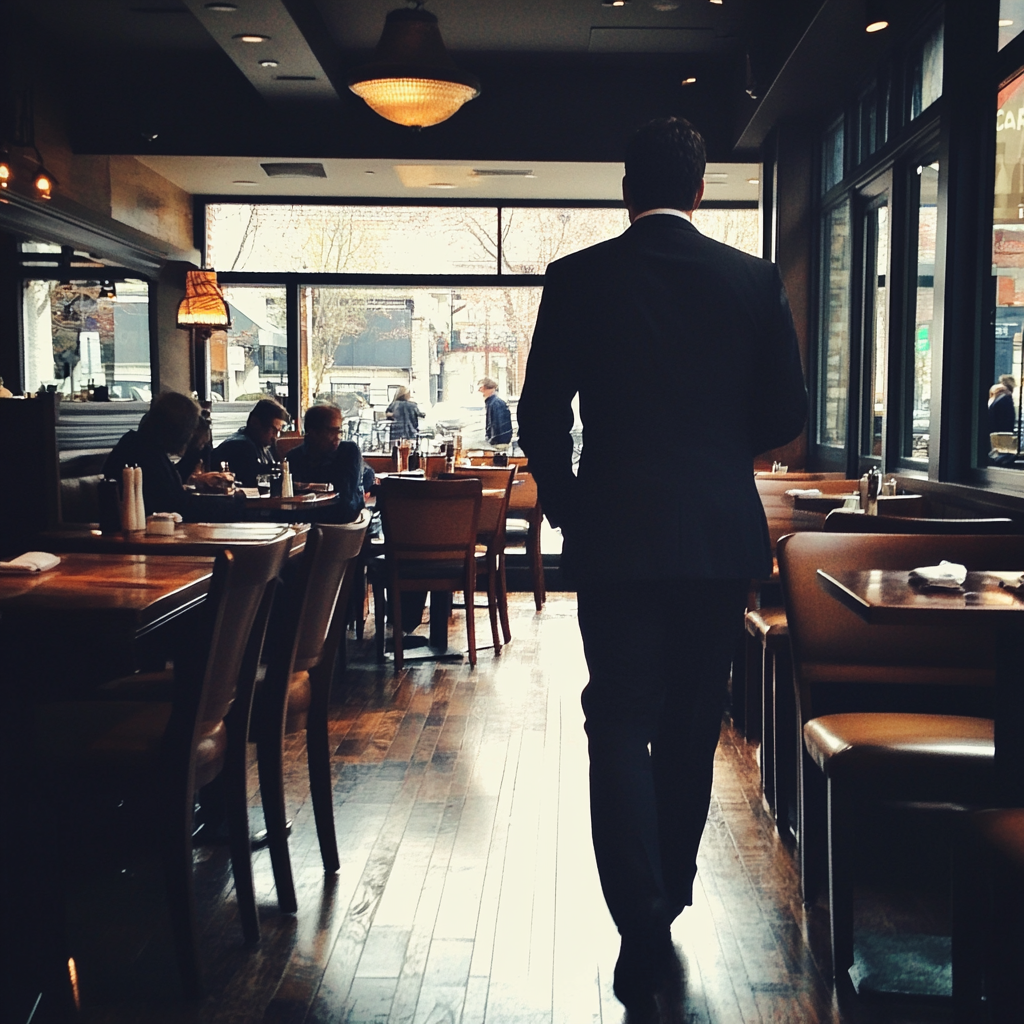 A man in a suit walking out a restaurant | Source: Midjourney