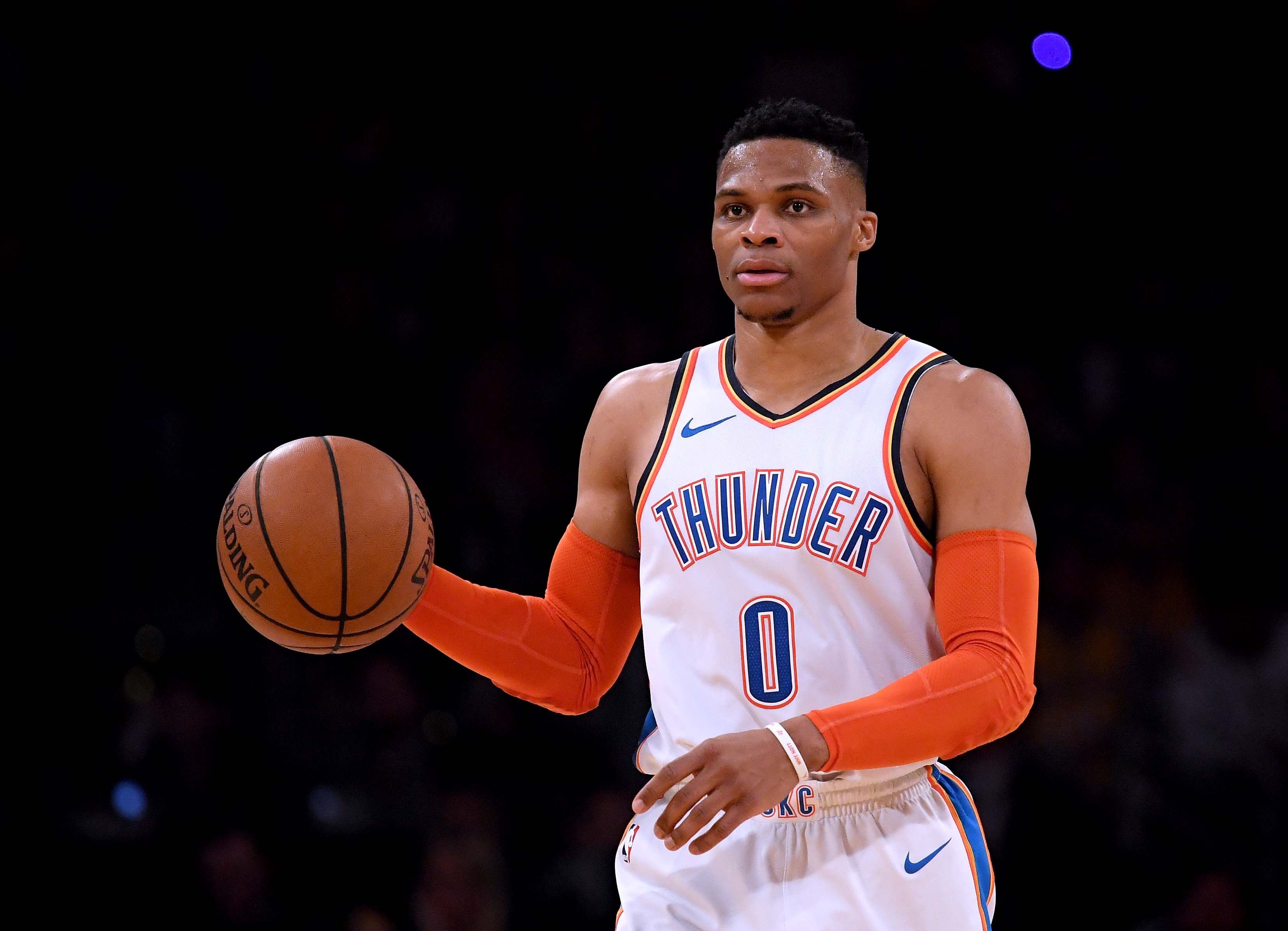 Russell Westbrook #0 of the Oklahoma City Thunder dribbles up court during a 107-100 win over the Los Angeles Lakers at Staples Center on January 02, 2019 in Los Angeles, California. | Source: Getty Images