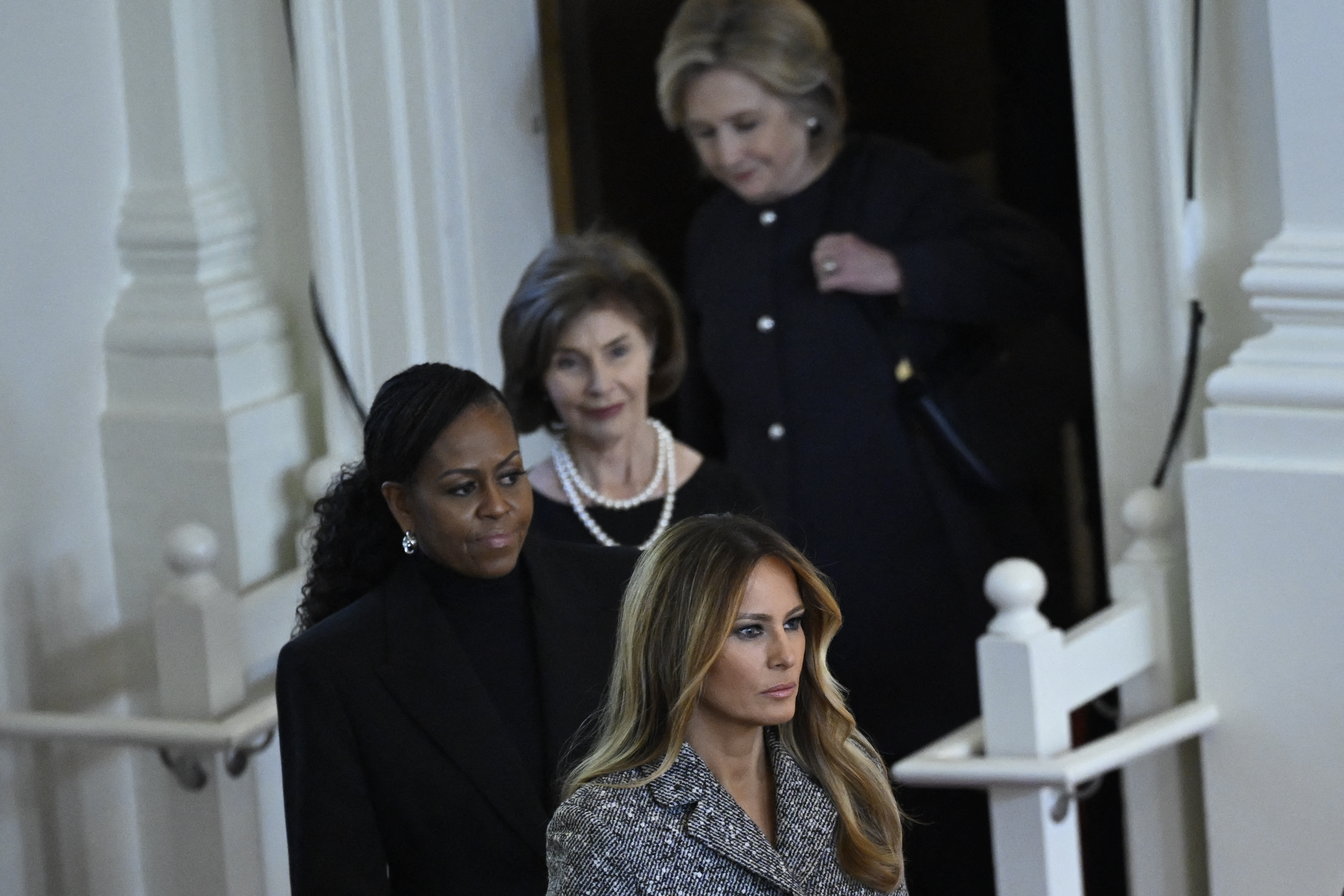 Former U.S First Ladies Melania Trump, Michelle Obama, Laura Bush, and Hillary Clinton at former U.S First Lady Rosalynn Carter's tribute service in Atlanta, Georgia on November 28, 2023 | Source: Getty Images