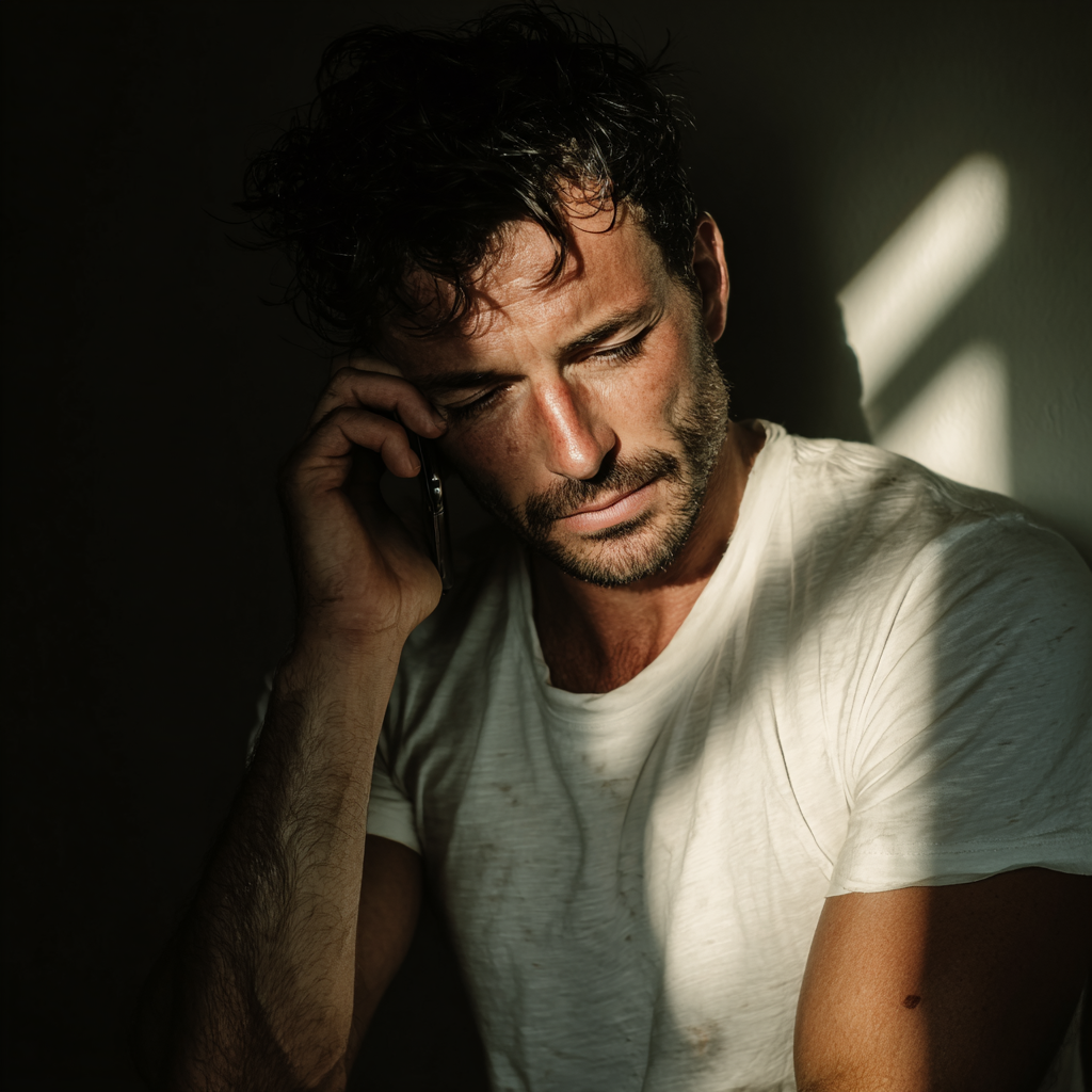 An upset man talking on a phone | Source: Midjourney