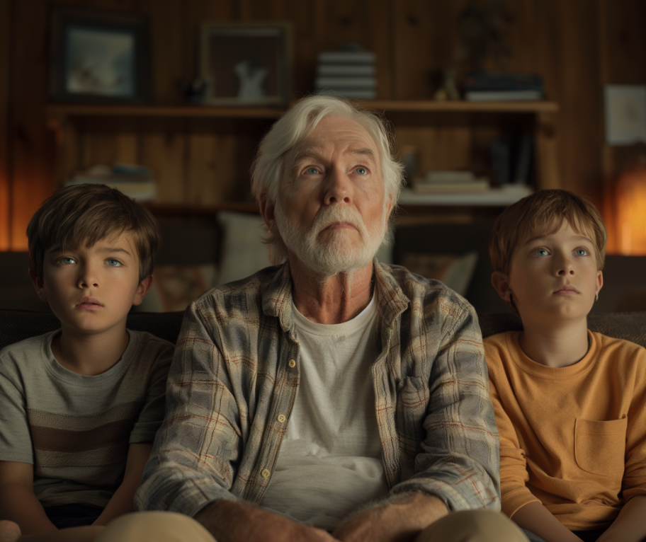 An elderly man sitting on a couch with two boys | Source: Midjourney