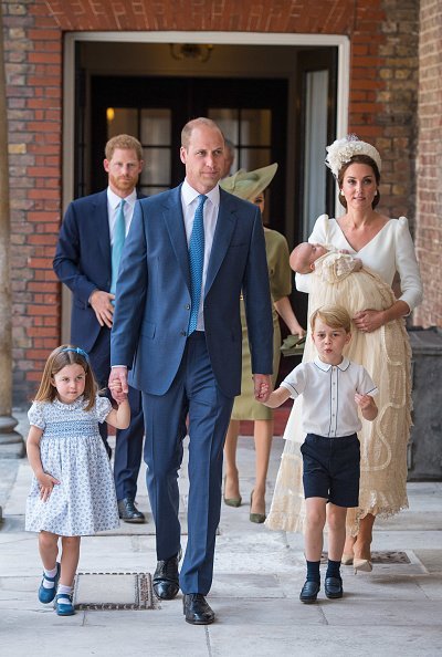 Princess Charlotte, Prince George, Prince William, Kate Middleton, and Prince Louis arrive at the Chapel Royal, St James's Palace, London for the christening of their brother, Prince Louis on July 09, 2018, in London, England.| Source: Getty Images.