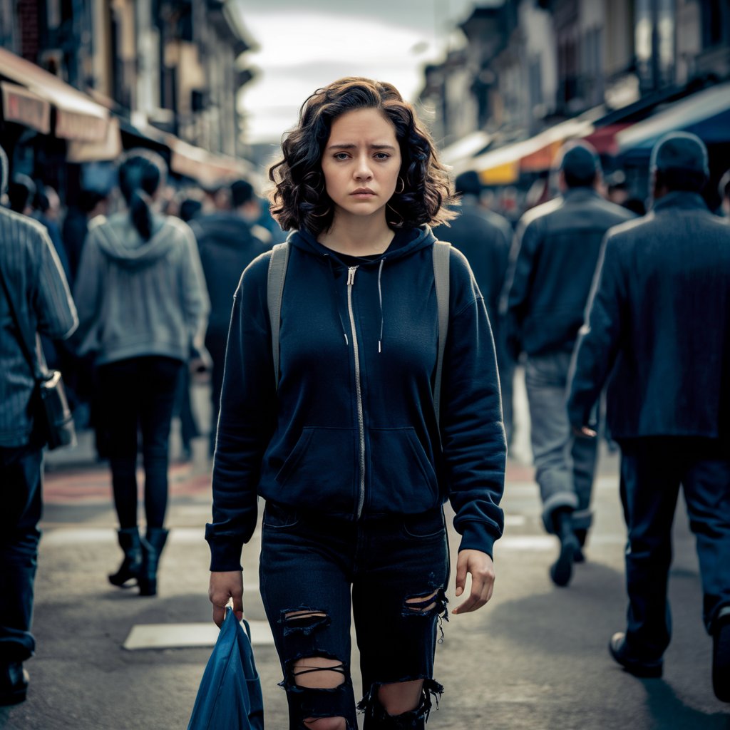 A woman walking on a busy street, looking disconsolate | Source: Midjourney