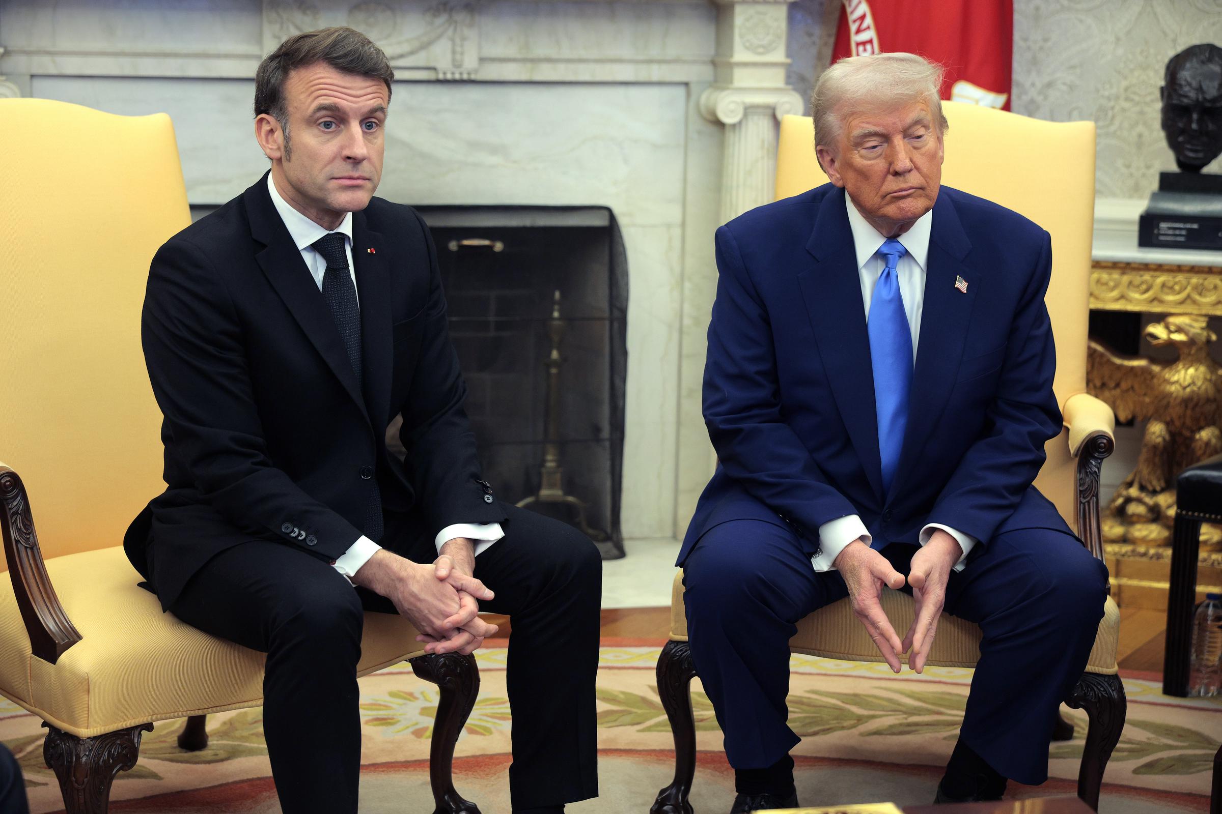 French President Emmanuel Macron and US President Donald Trump during their meeting in the Oval Office of the White House in Washington, D.C., on February 24, 2025. | Source: Getty Images