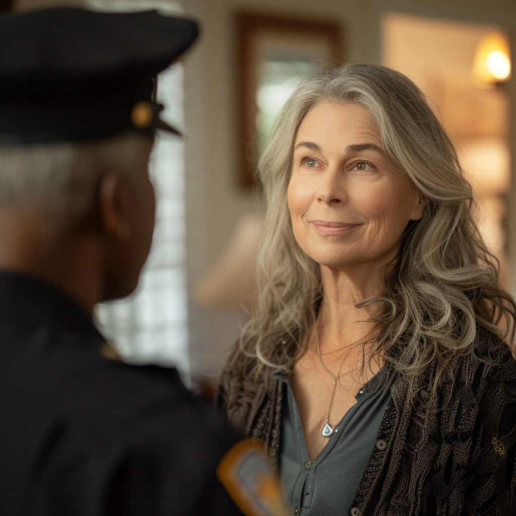 A middle-aged woman with a police officer at home | Source: Midjourney