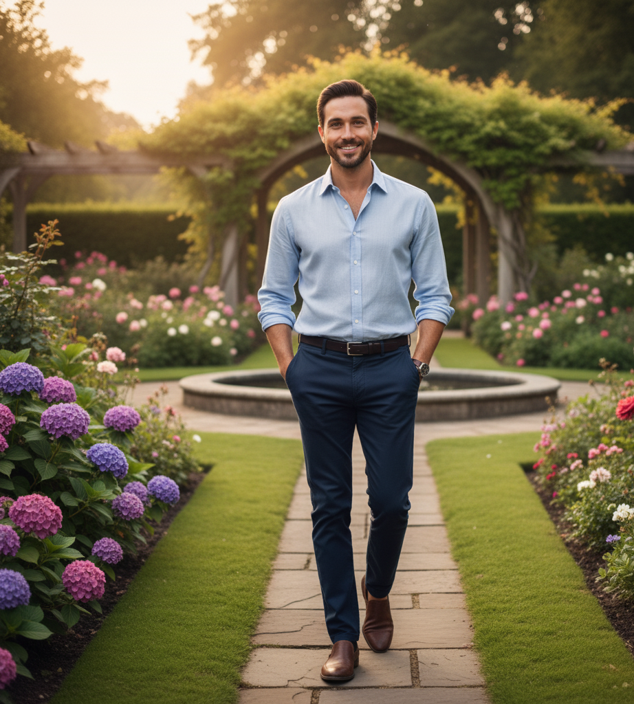 Reimagined as a man, Markle appears effortlessly dashing — clean-shaven with neatly styled hair and a bright, approachable expression. Walking through a garden at golden hour, he radiates the same poise and presence, blending classic good looks with an understated warmth that feels both polished and real. | Source: Gemini