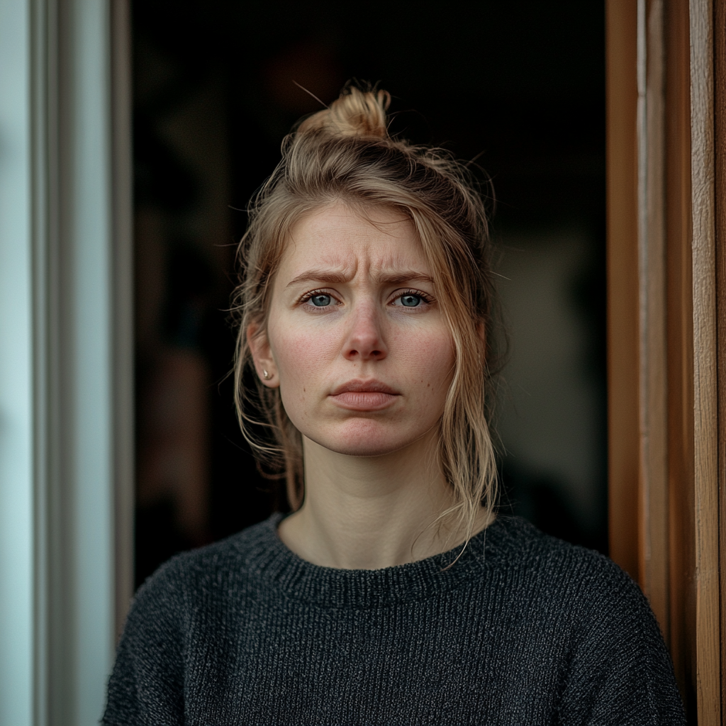 A tired and sleepless woman standing outside a house door | Source: Midjourney