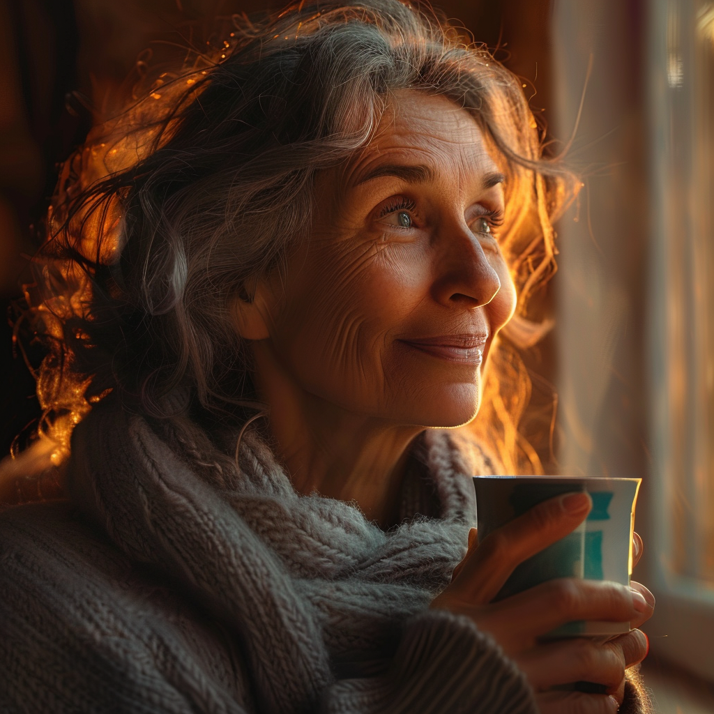 Side view of an older woman holding a coffee cup and smiling | Source: Midjourney