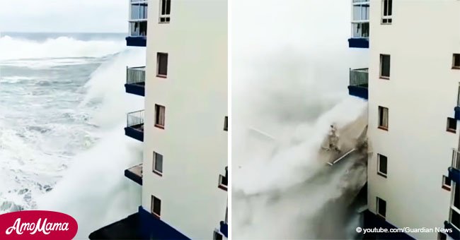 Terrifying moment a huge wave hits a hotel, destroying the third floor balcony