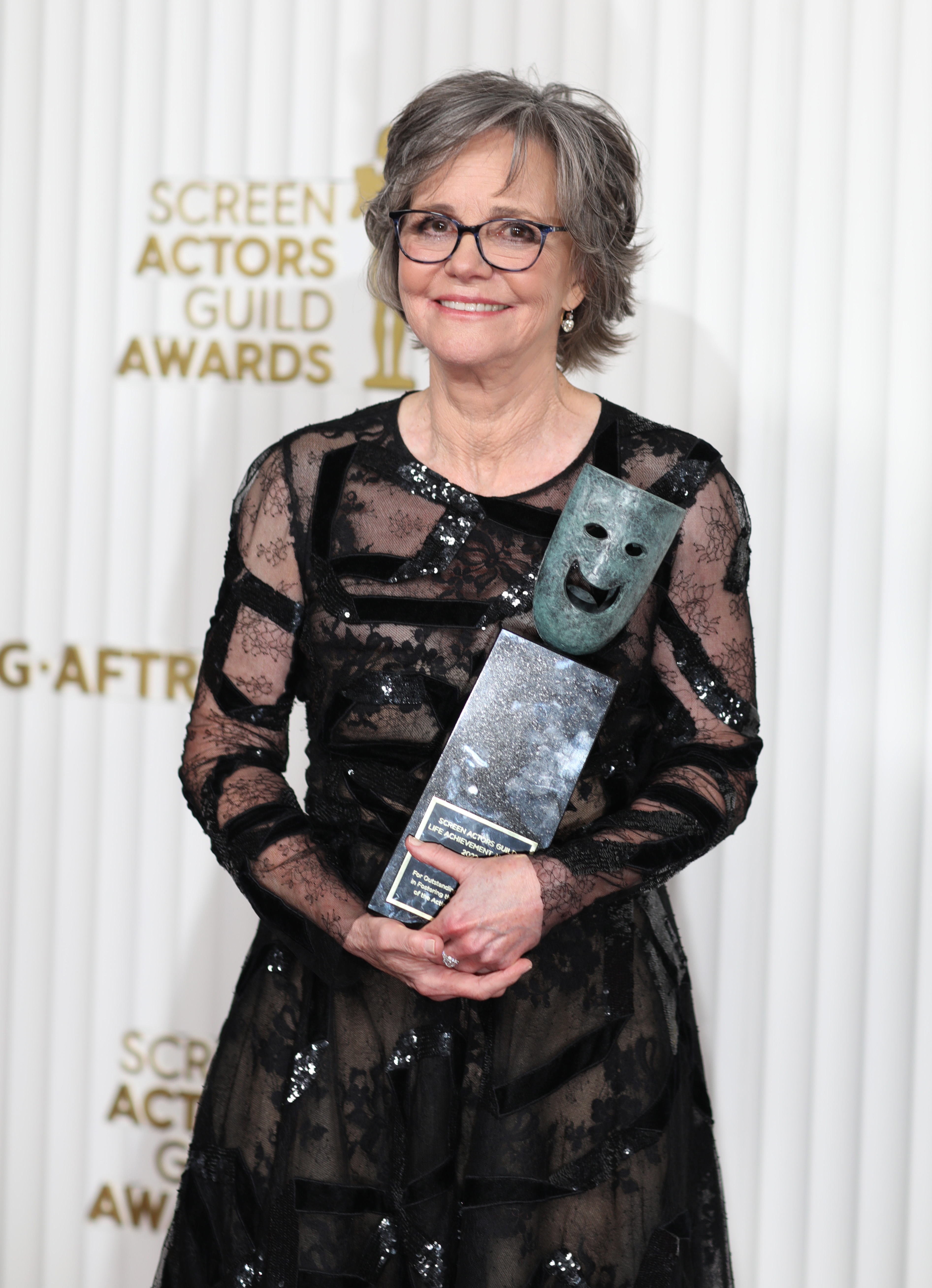 Sally Field holds her SAG Liife Achievement Award during the 29th Annual Screen Actors Guild Award at the Fairmont Century Plaza in Los Angeles on February 26, 2023 | Source: Getty Images