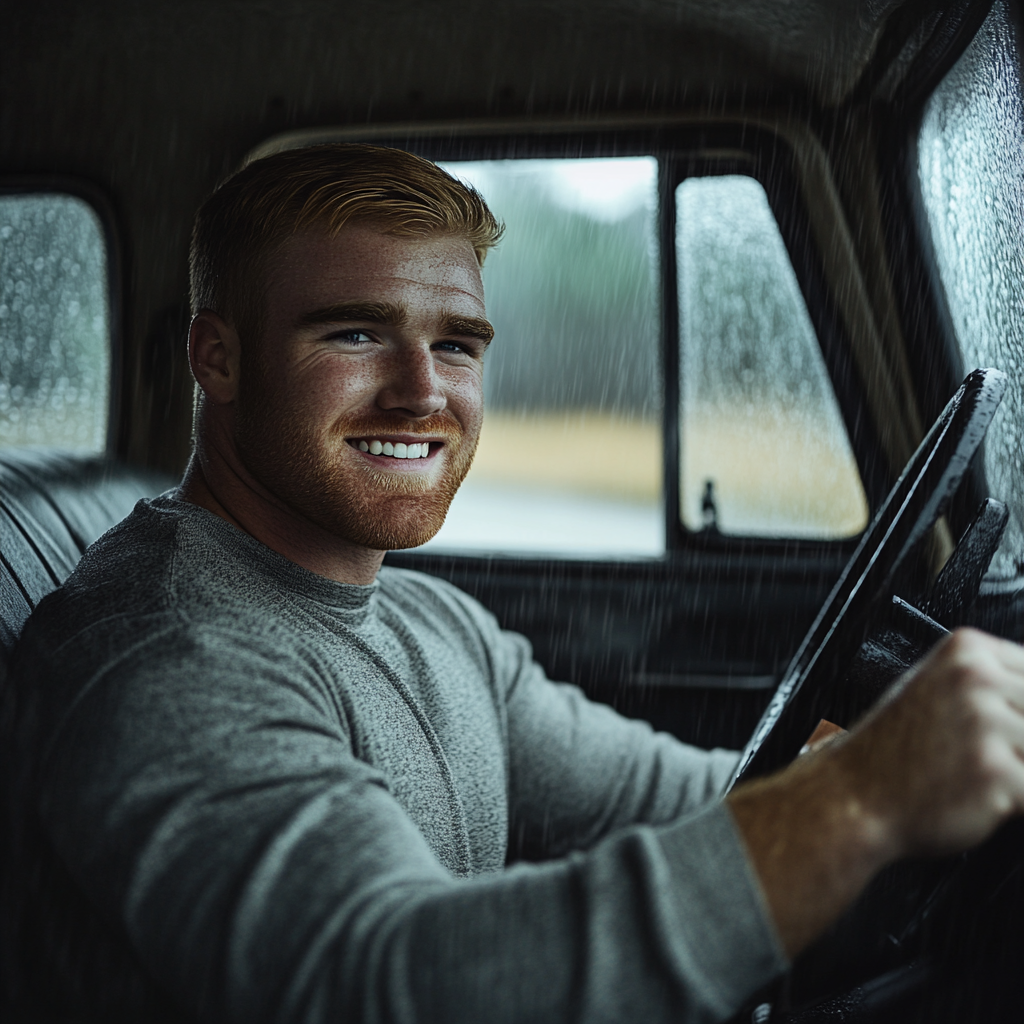 A man grins while driving his truck | Source: Midjourney