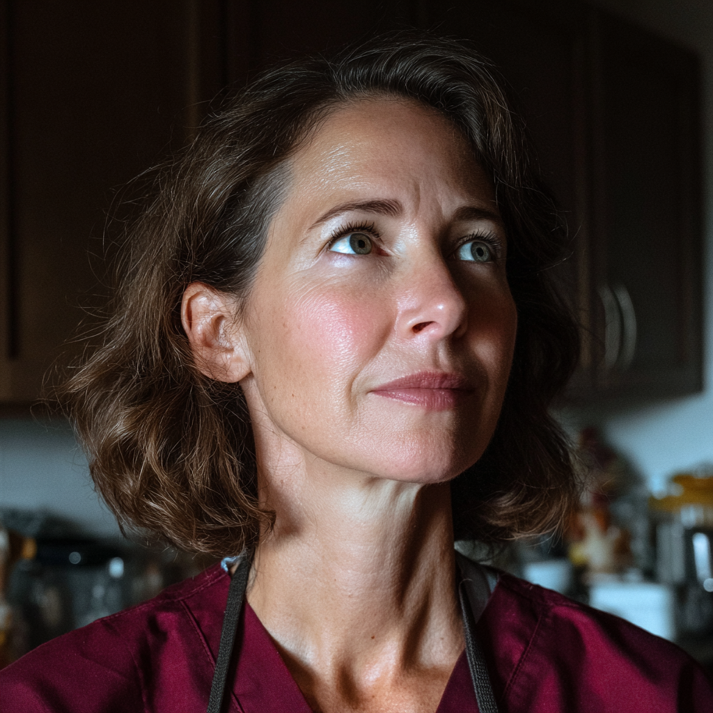 A woman standing in her kitchen wearing maroon scrubs | Source: Midjourney