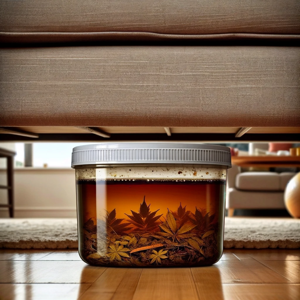 The mixture in a container under a couch | Source: DALL-E
