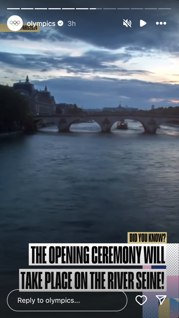 Una captura de pantalla del río Sena donde se llevará a cabo la ceremonia de apertura de los Juegos Olímpicos de París 2024 | Fuente: Instagram.com/olympics