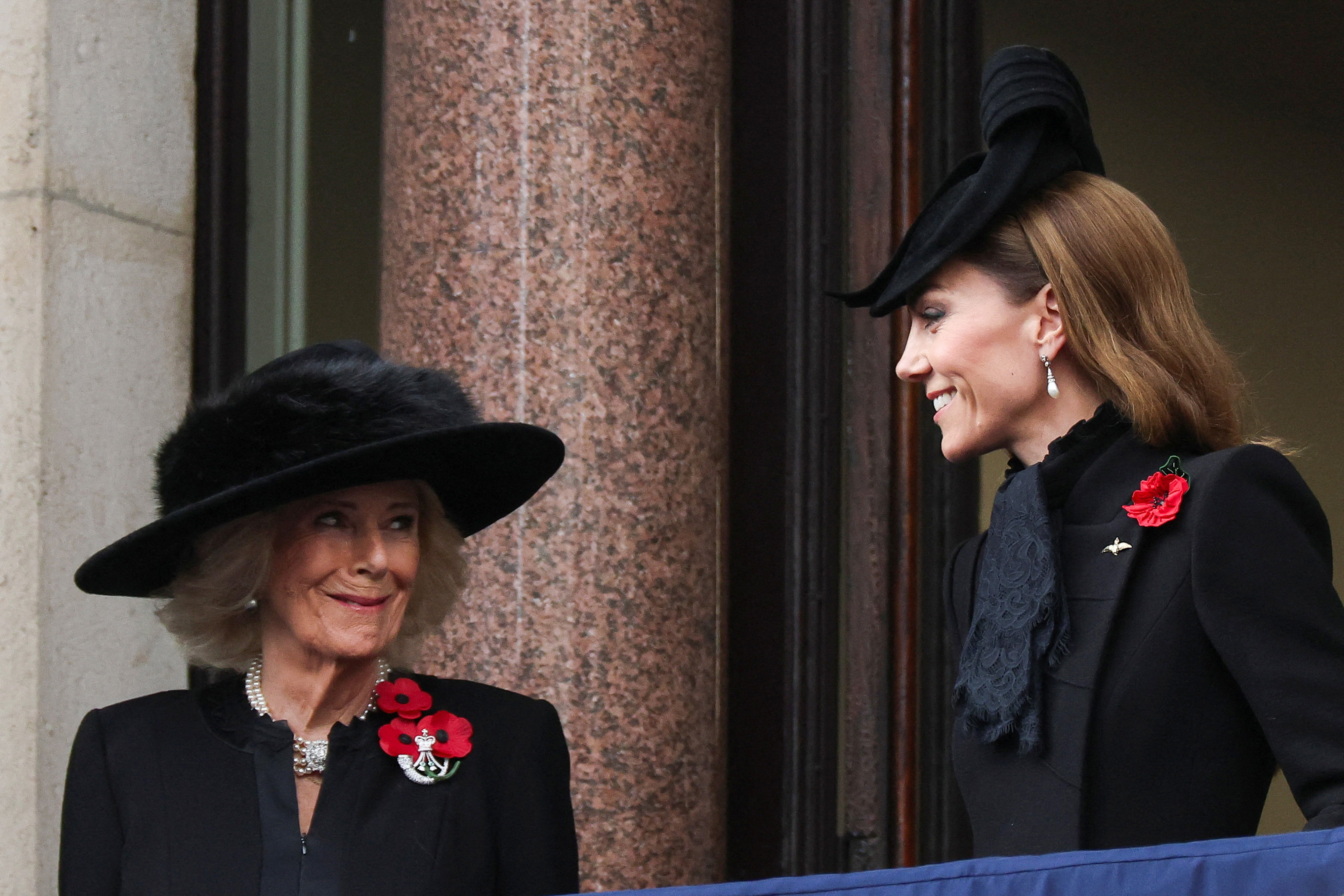Queen Camilla and Catherine, Princess of Wales during the National Service of Remembrance on November 9, 2025 in London, England | Source: Getty Images