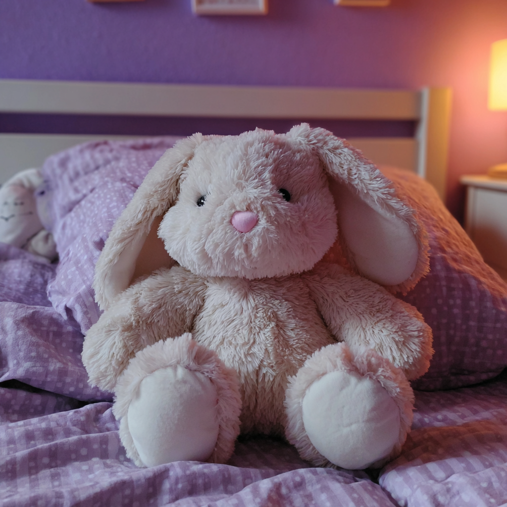 A stuffed bunny on a bed | Source: Midjourney