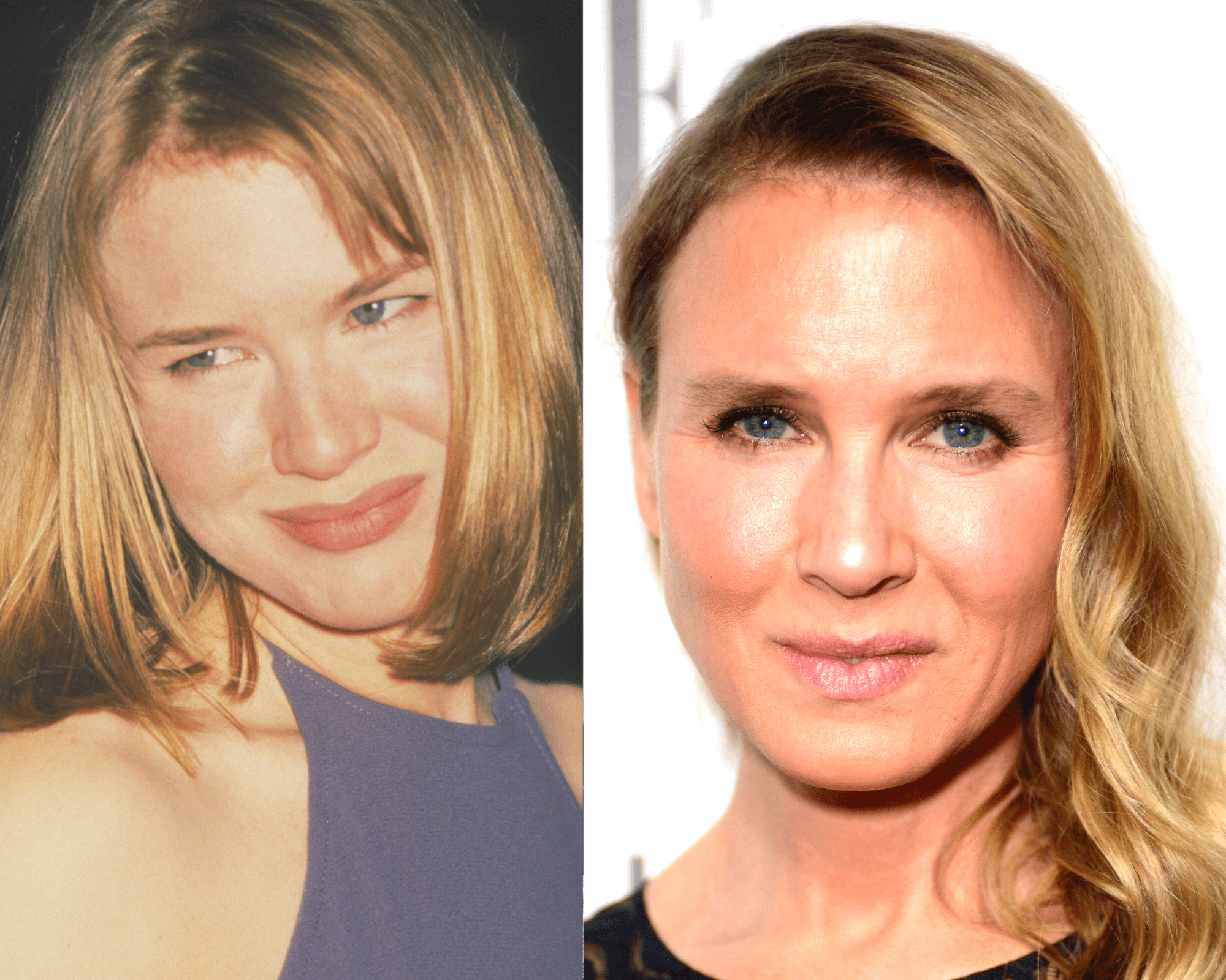 Actress Renee Zellweger at the "Jerry Maguire" Los Angeles premiere in 1996 | Renee Zellweger at the Four Seasons Hotel on October 20, 2014 in Beverly Hills, California | Getty Images 