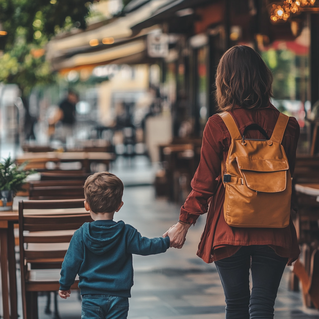 Mother and son walking outside an empty restaurant | Source: Midjourney