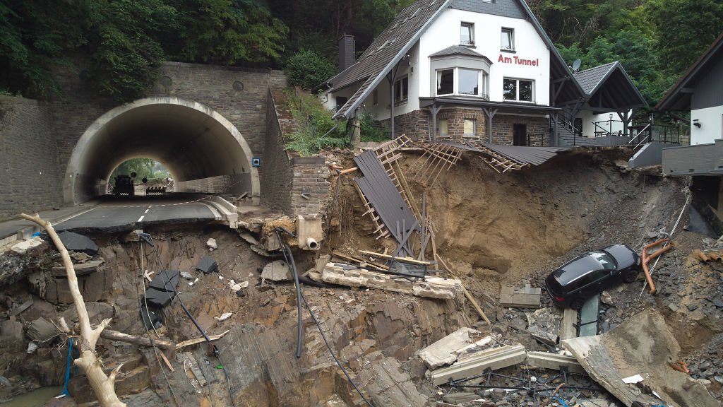 The main road leading through the Ahr valley has been swept away by the flood behind a tunnel near Altenahr, Germany. August 9, 2021 | Source: Getty Images