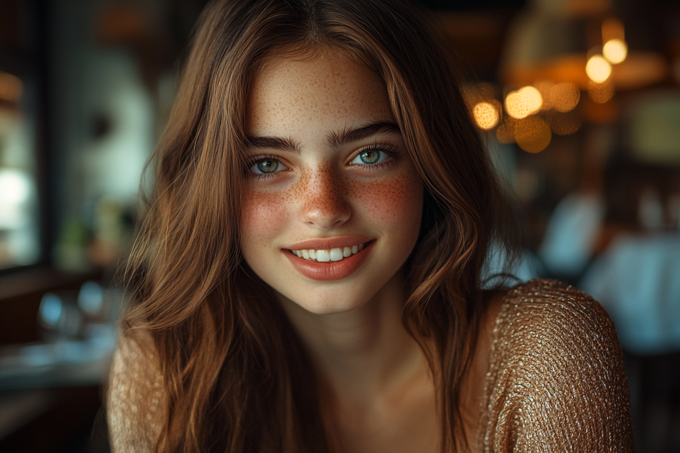 A woman in a restaurant, smiling | Source: Midjourney