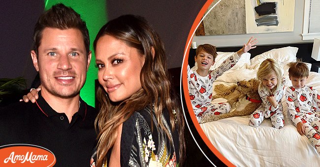 Nick Lachey and Vanessa Lachey attending the JBL Fest in Las Vegas, 2018 [Left] Camden, Brooklyn, and Pheonix Lachey patched in matching pajamas during Christmas time, 2021 [Right] | Photo: Getty Images & Instagram/vanessalachey