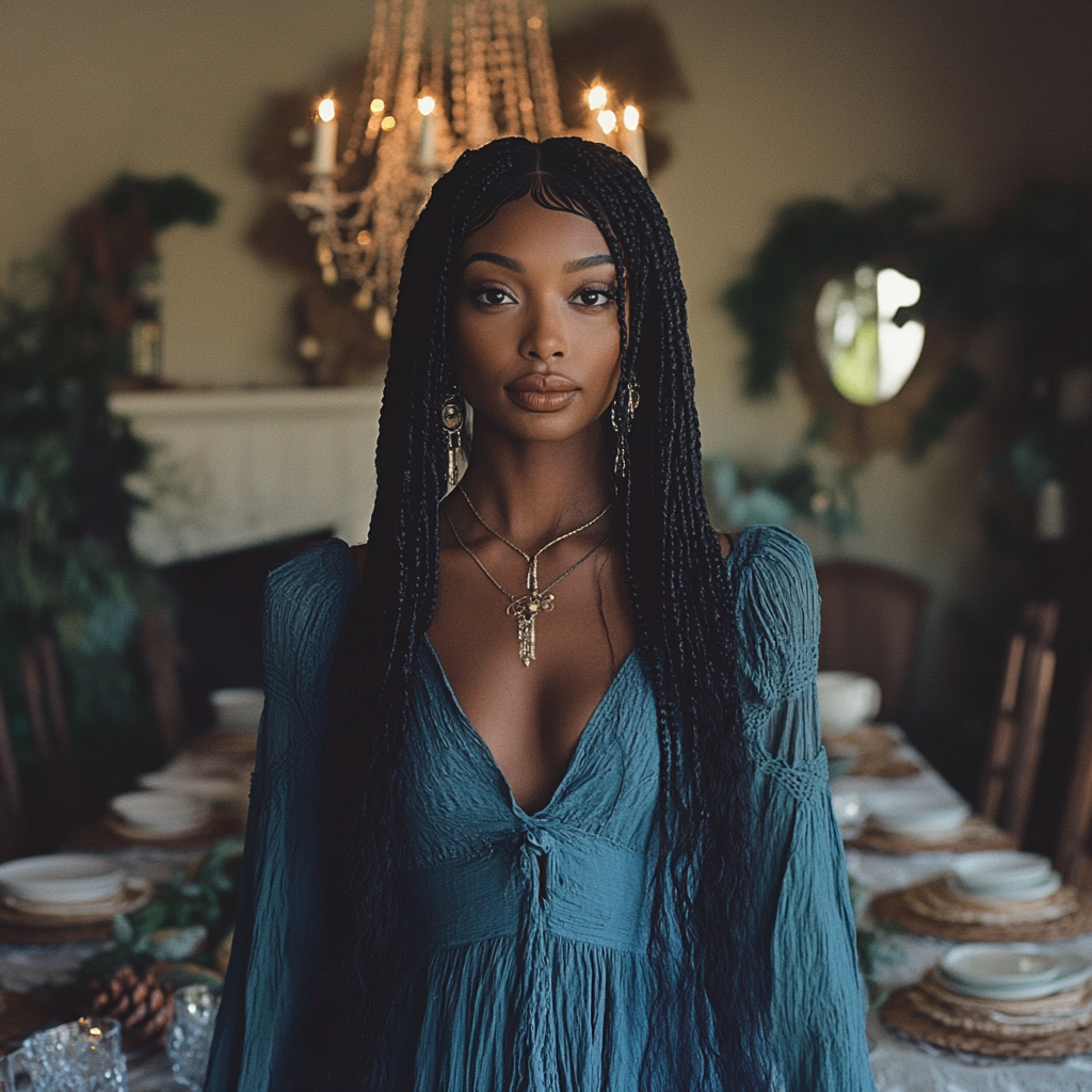 A woman standing in a dining room | Source: Midjourney