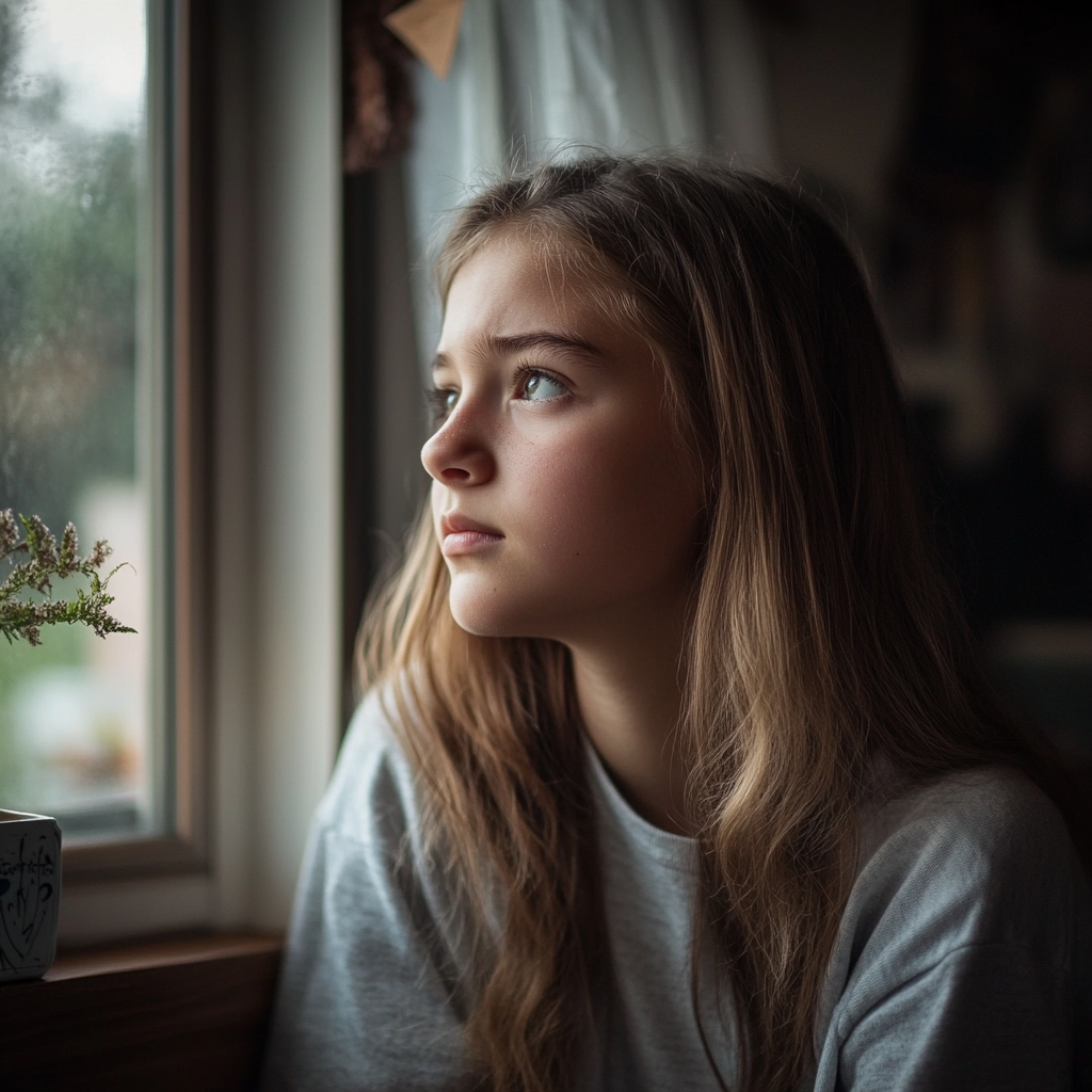 A young girl looking out the window | Source: Midjourney