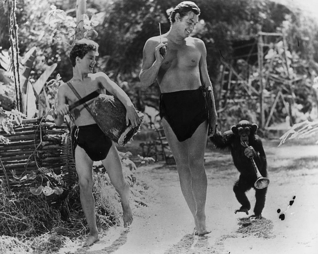 Johnny Weissmuller como Tarzán junto a Johnny Sheffield como Boy y el chimpancé 'Cheetah'. | Foto: Getty Images