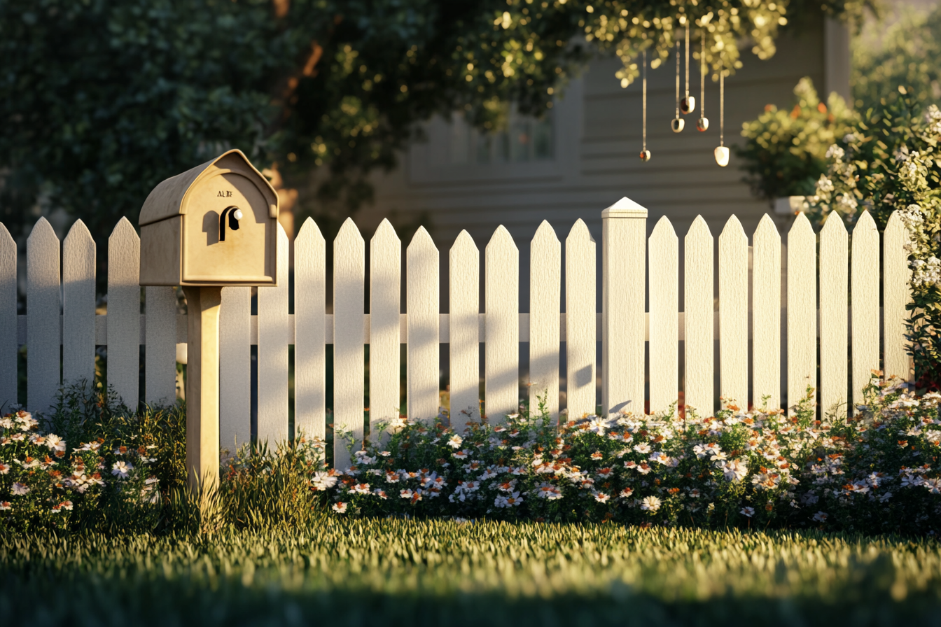 View of a beige-colored mailbox and a white picket fence | Source: Midjourney