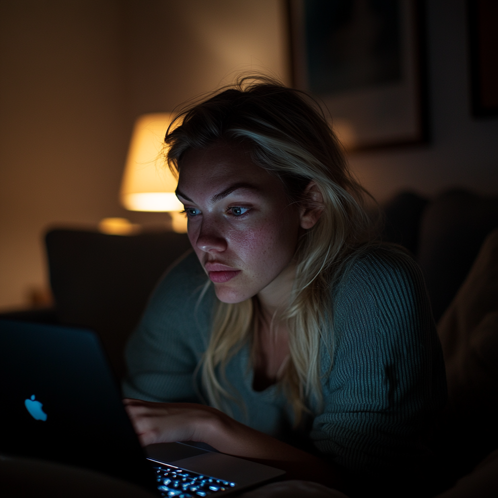 A woman using her laptop late at night | Source: Midjourney