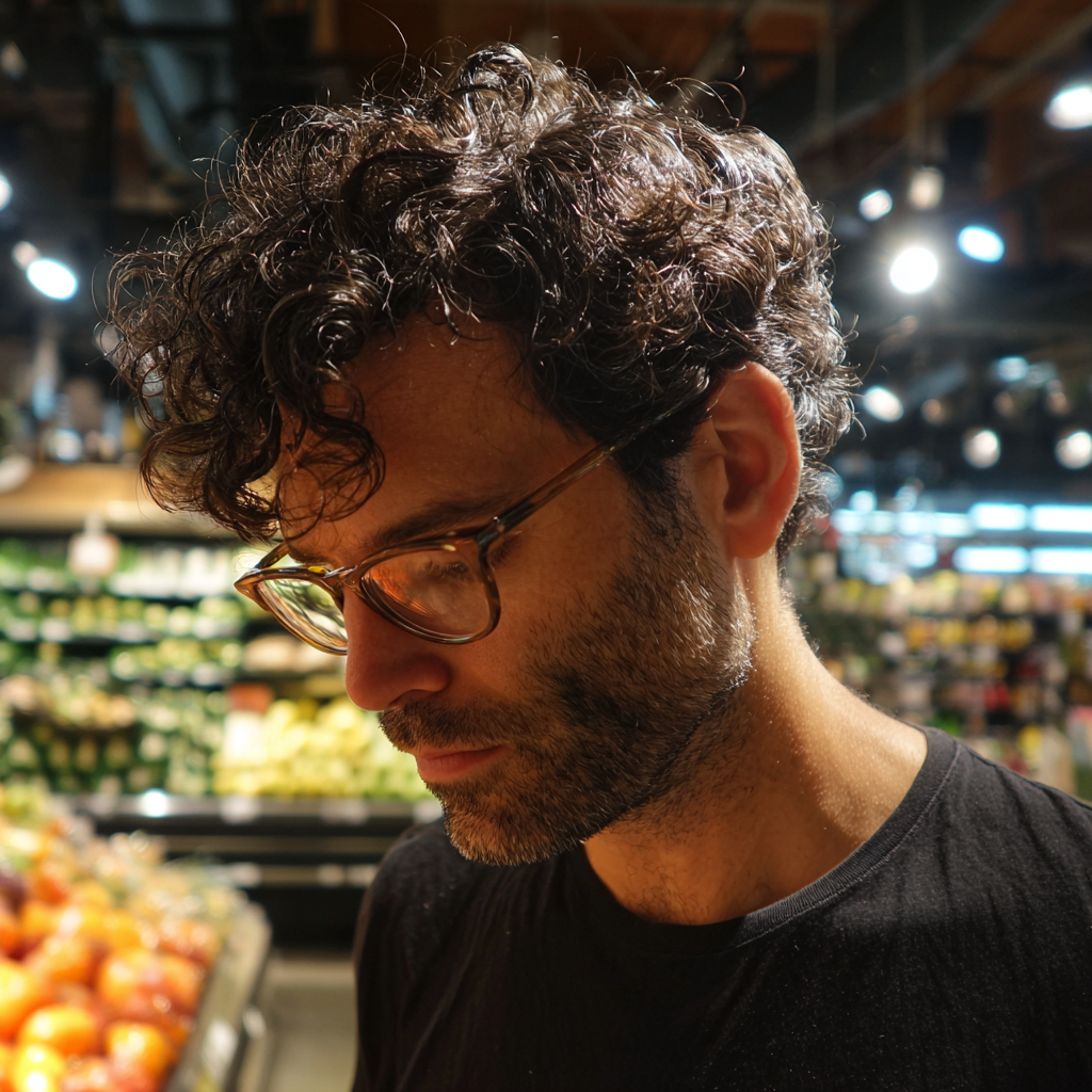 A pensive man wearing a black T-shirt | Source: Midjourney