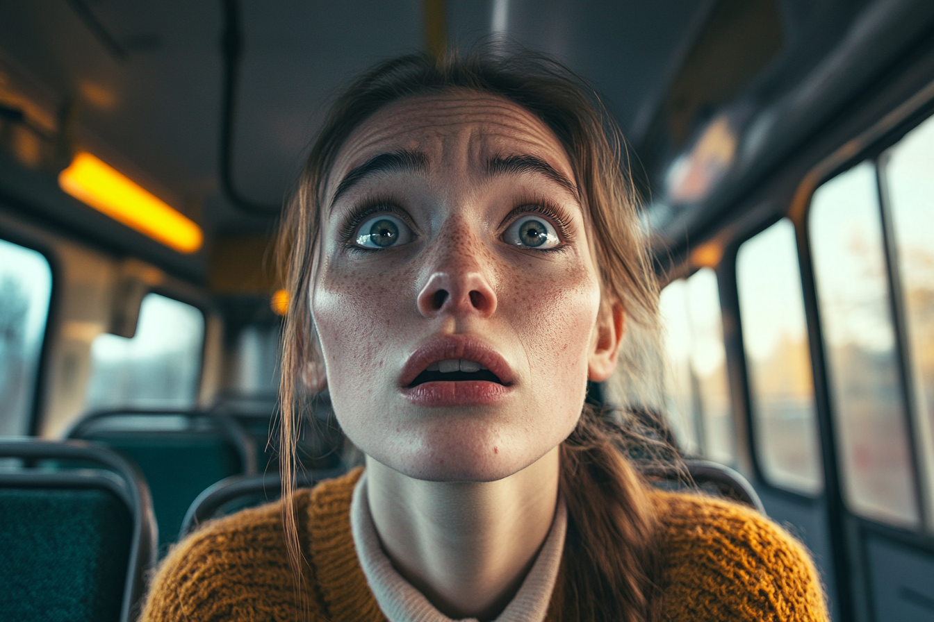 A startled woman in a school bus | Source: Midjourney