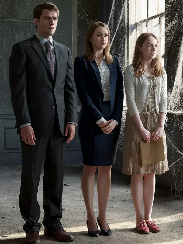 A trio stands expectantly inside an old cabin in the woods | Source: Midjourney