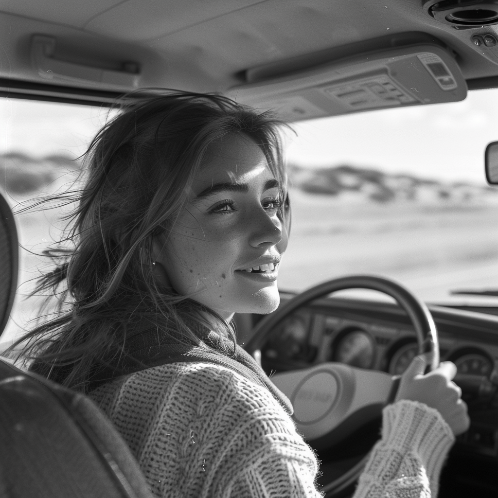 A grayscale photo of a woman in the driving seat smiling while looking back | Source: Midjourney