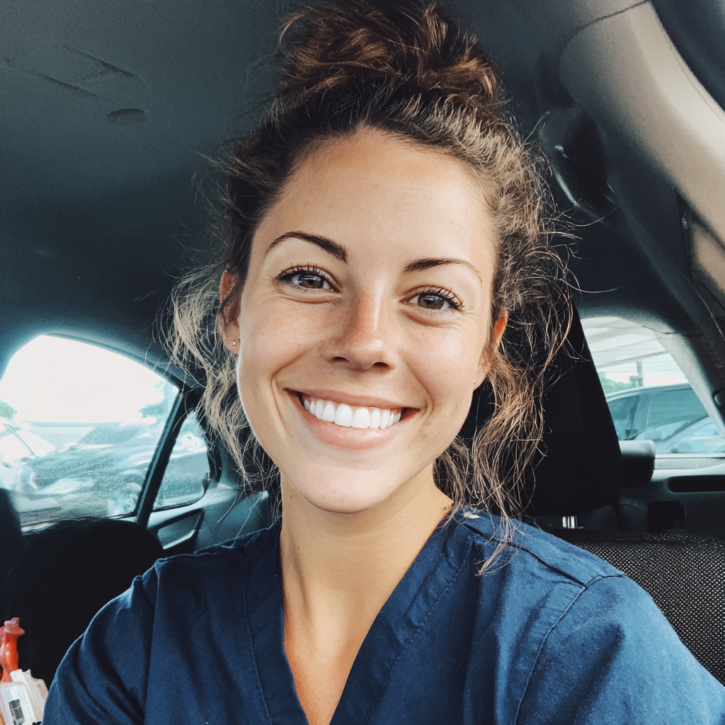 A smiling nurse sitting in a car | Source: Midjourney