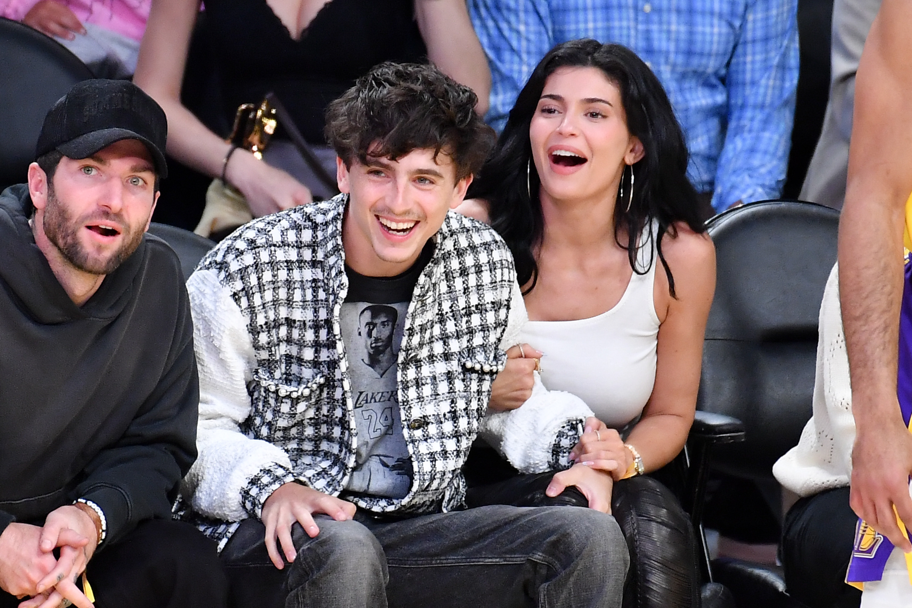 Timothée Chalamet wore his messy curls loose as he and Kylie Jenner smiled and enjoyed the basketball game between the Los Angeles Lakers and the Minnesota Timberwolves at Crypto.com Arena on April 30, 2025, in Los Angeles, California.