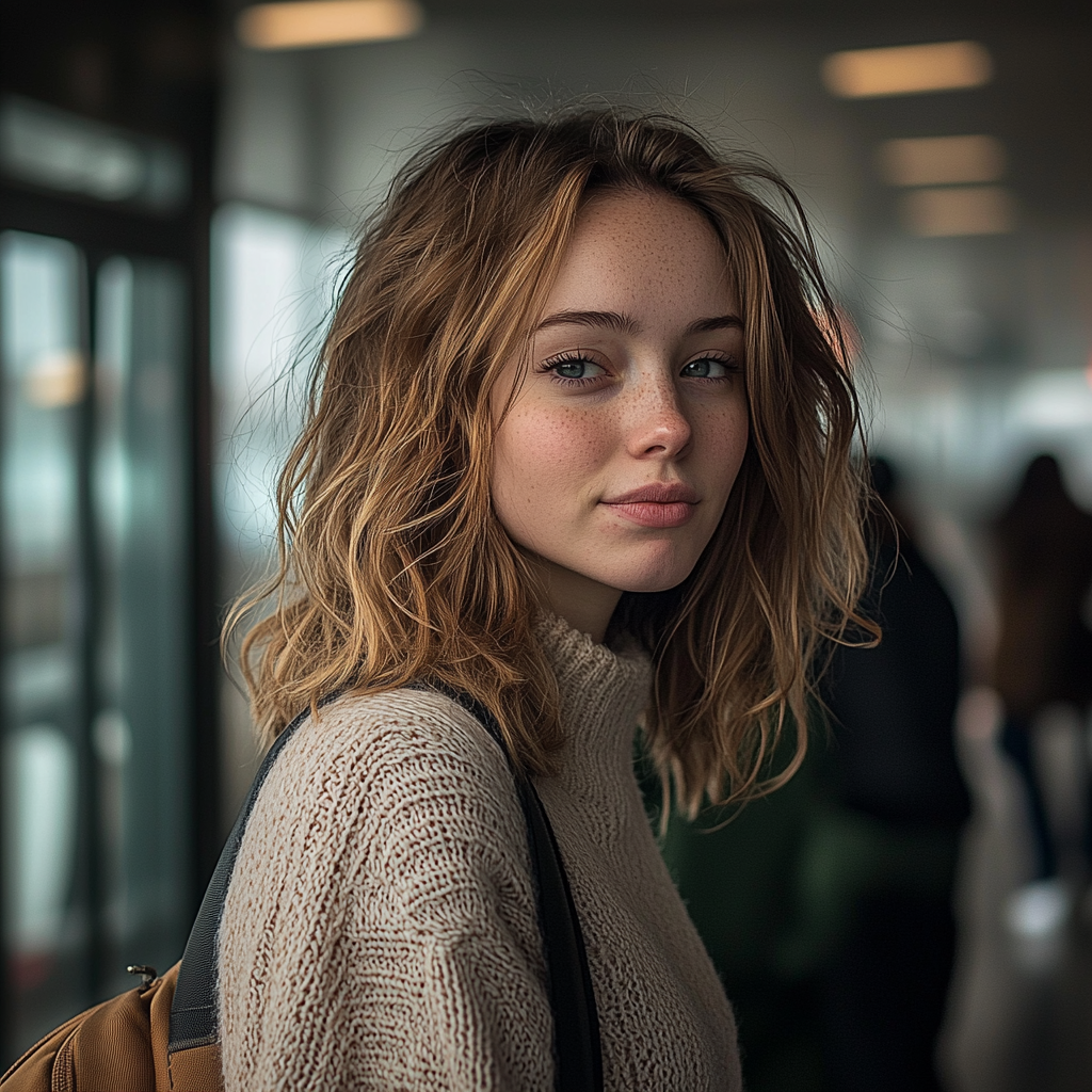 A woman with a determined look in an airport | Source: Midjourney