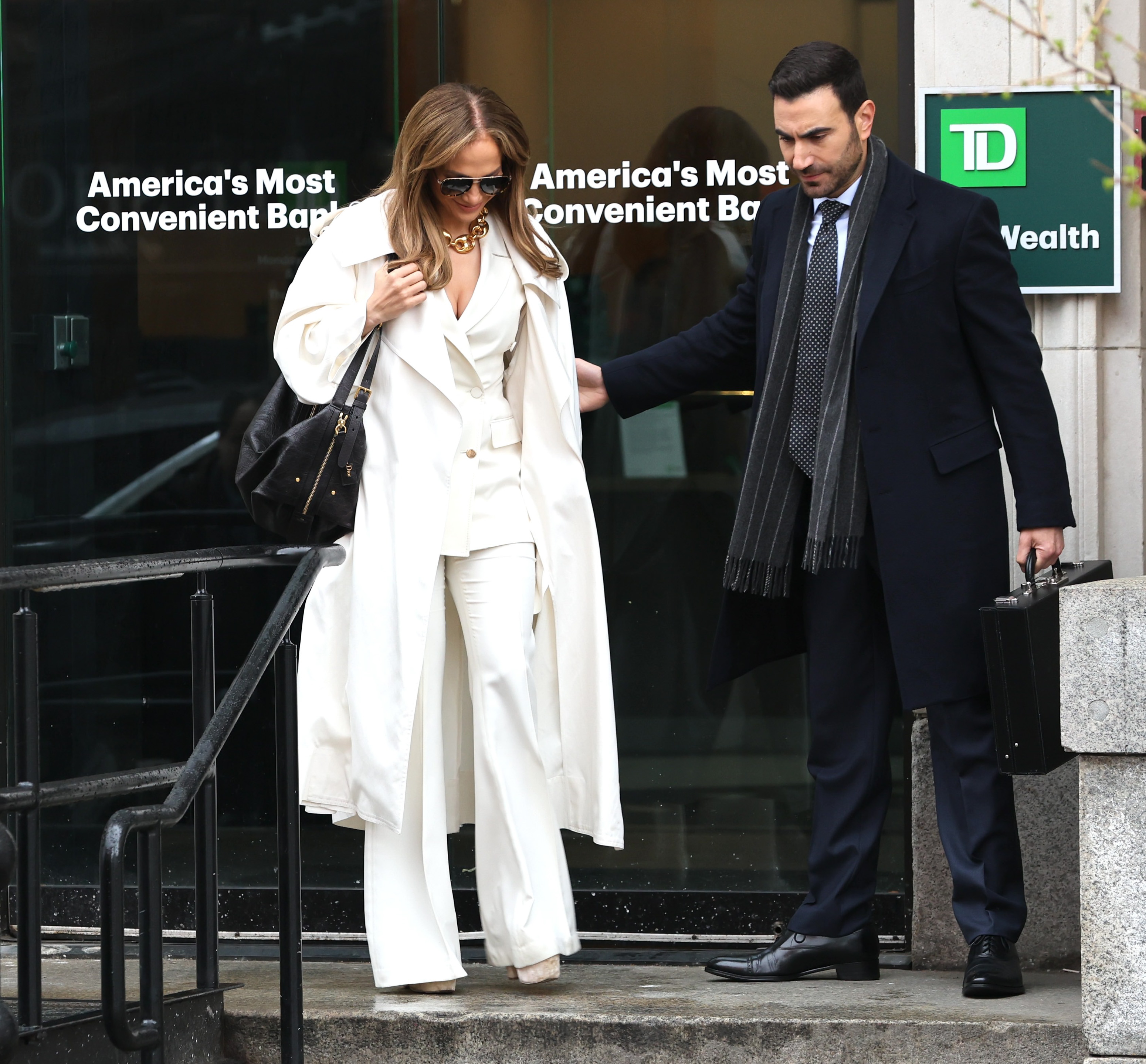 Jennifer Lopez and Brett Goldstein are seen filming at the "Office Romance" movie set on April 7, 2025 | Source: Getty Images