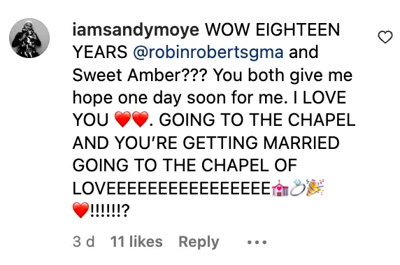 A screenshot of a comment talking about Robin Roberts's love story posted on September 8, 2023 | Source: Instagram/robinrobertsgma