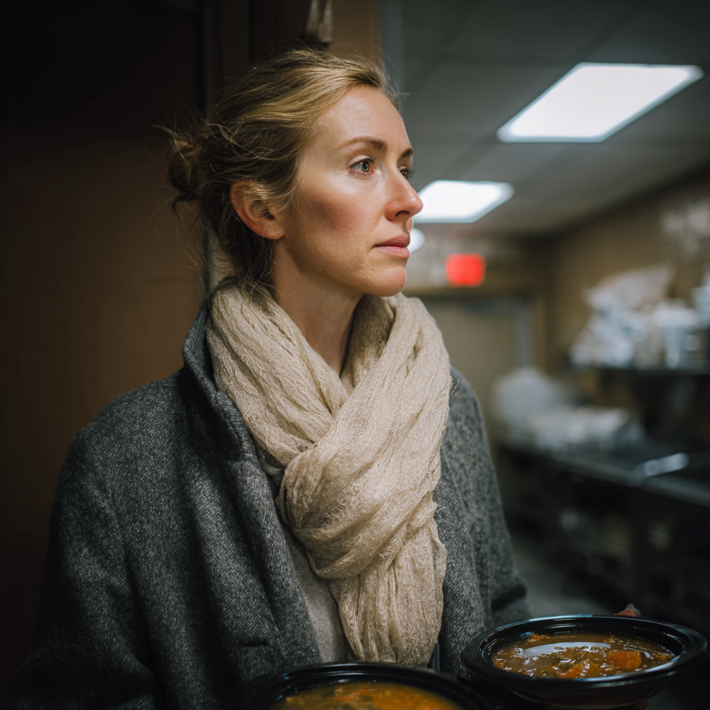 A woman holding two plates of soup | Source: Midjourney