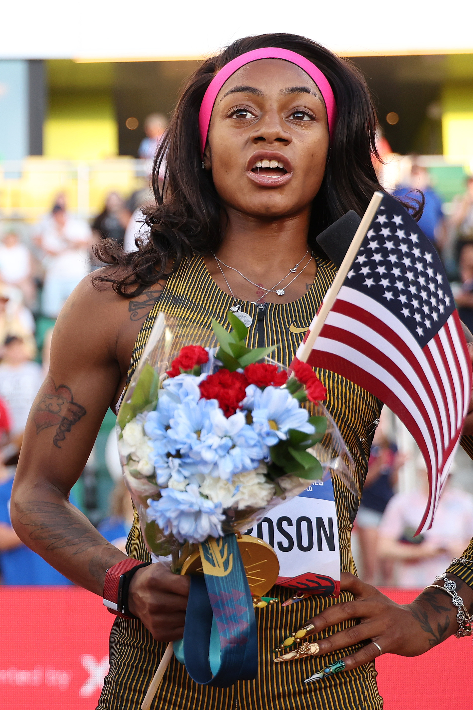 Sha'Carri Richardson reacts after winning the Women's 100 Meter Final at the 2024 U.S. Olympic Team Track & Field Trials on June 22, 2024, in Eugene, Oregon. | Source: Getty Images